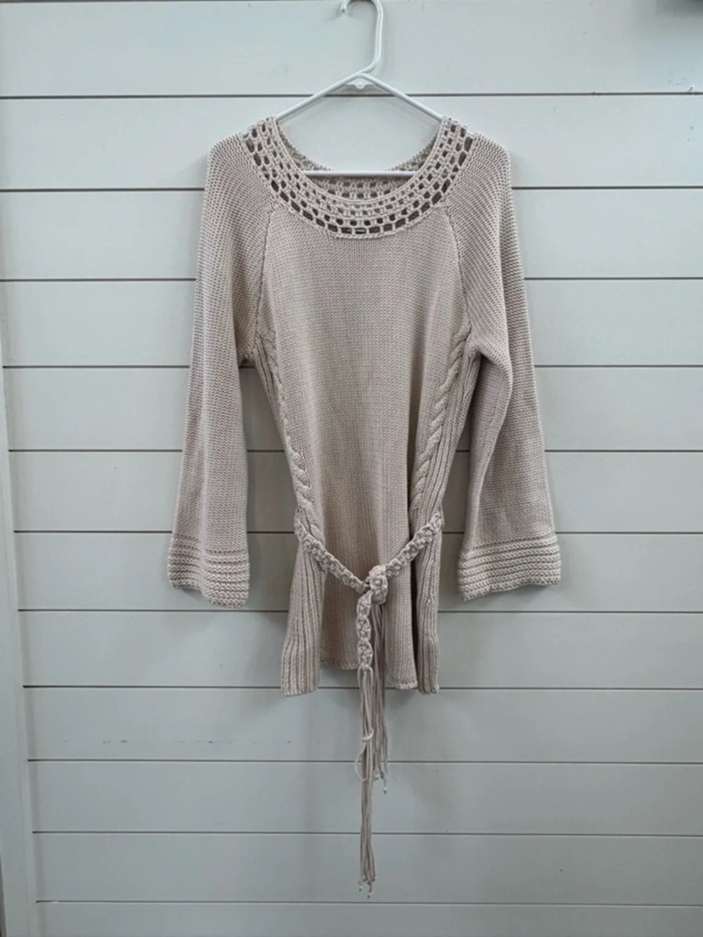 Women's Crochet Yoke Knit Sweater Belted Tunic - Cream